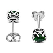 Vintage Royal Crown Celtic Emerald Green CZ Sterling Silver Stud Earrings - e455